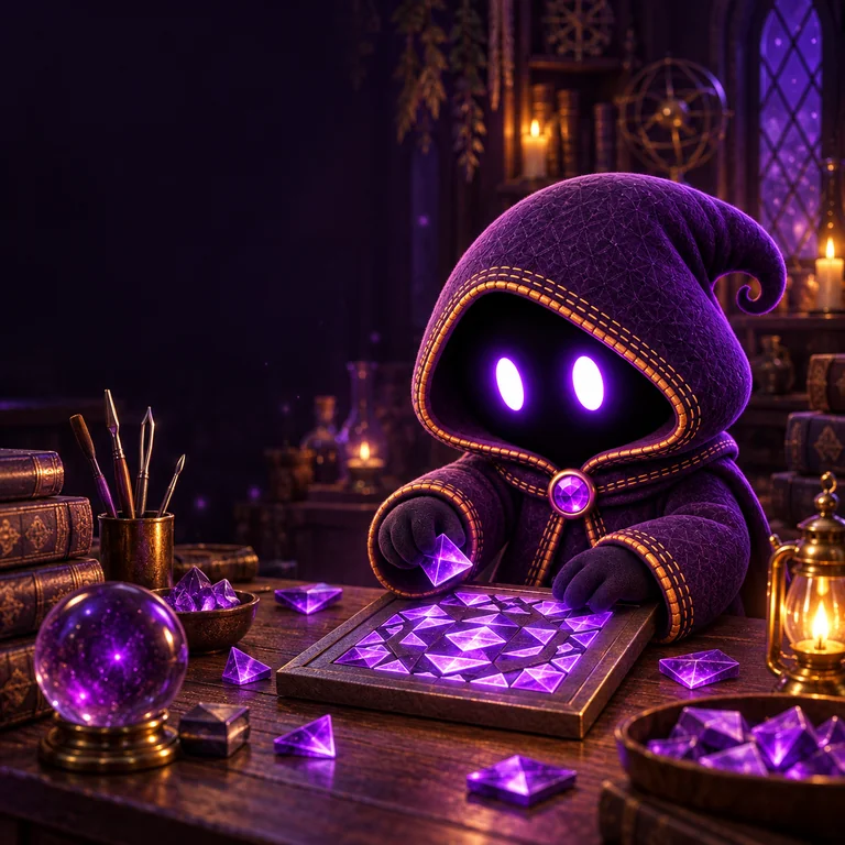 Phantom arranging a violet mosaic in the workshop